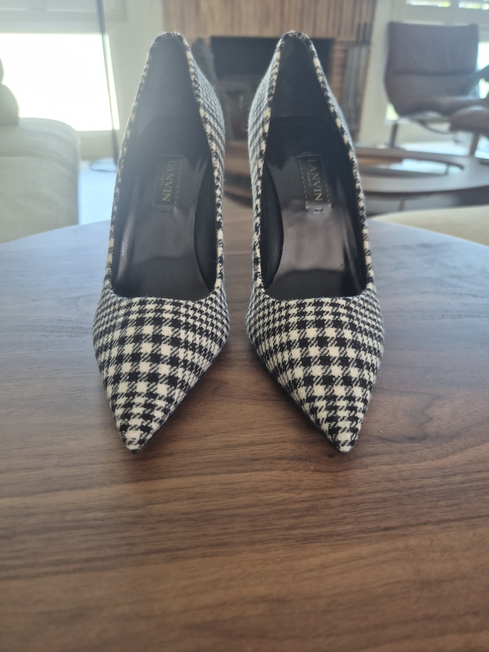 Lanvin Black & White Houndstooth/plaid Pointed-Toe Wool And Leather Pumps